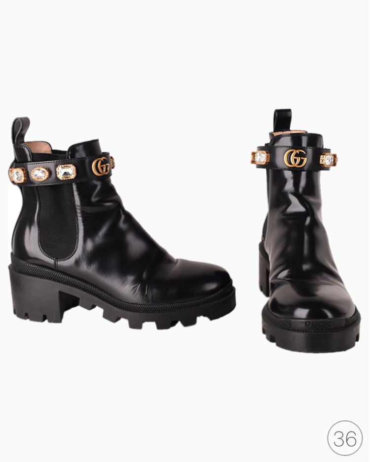 Bota Gucci Original Ankle Boot Com Tira de Pedras Preta Feminina